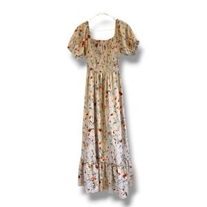 Baltic Born Women's S Beige Floral Print Capri Smocked Maxi Dress Balloon Sleeve